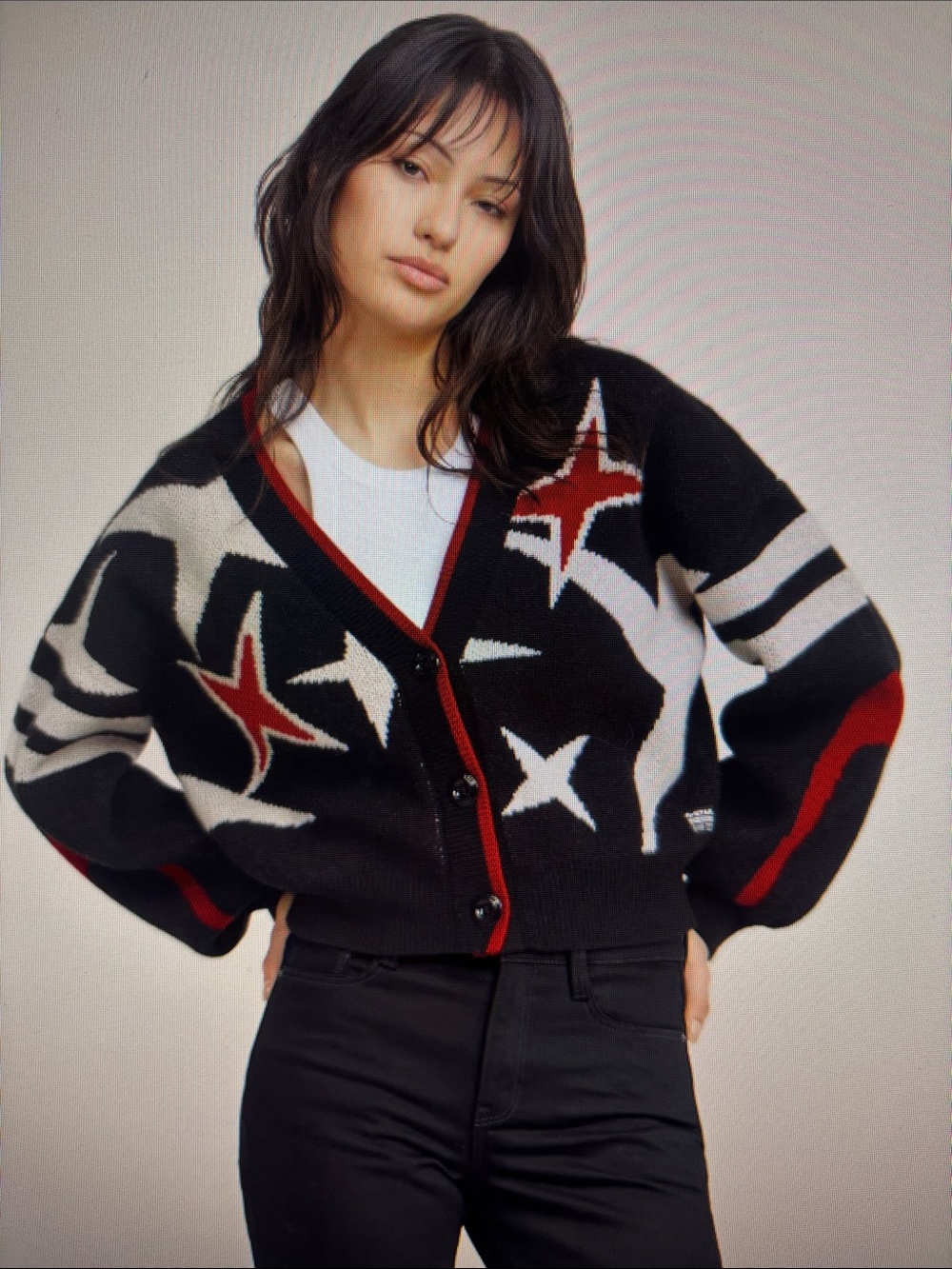 G-Star Loose Knitted Cardigan. Black Star-Pattern V-Neck Cardigan Sweater M
